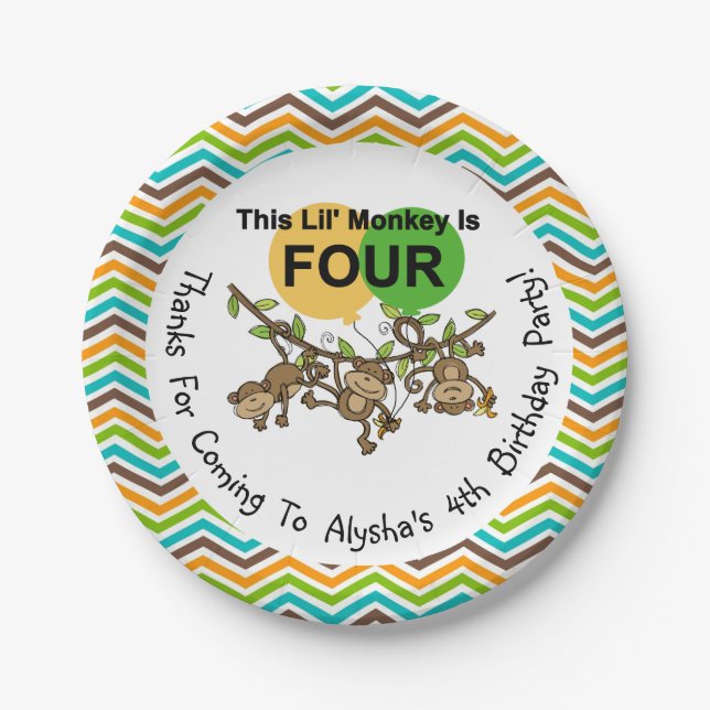 Assiettes En Carton PersonnaliséPetits singes Plaques papier 4e annive (Devant)