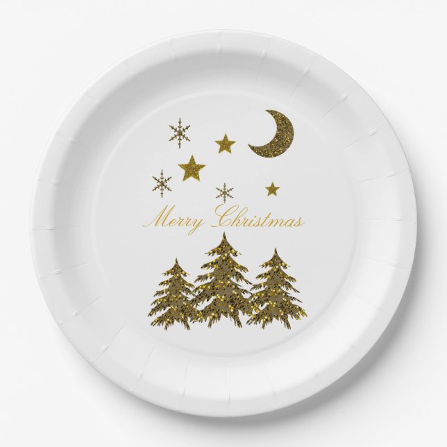 Assiettes En Carton Personnaliser, Arbre de Noël étincelant, Lune, éto (Devant)