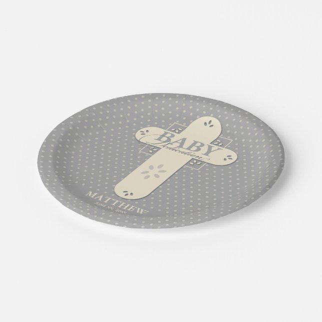 Assiettes En Carton Personnaliser, Dédication bébé Crème et Croix gris (Angle)