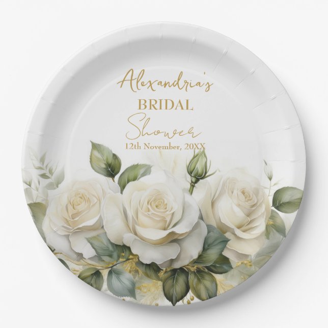 Assiettes En Carton Personnaliser la Fête des mariées Roses blanches (Devant)