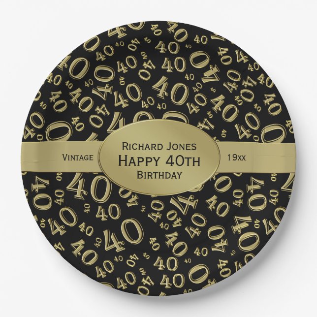 Assiettes En Carton Personnalisez :  Noir/quarantième thème de fête (Devant)