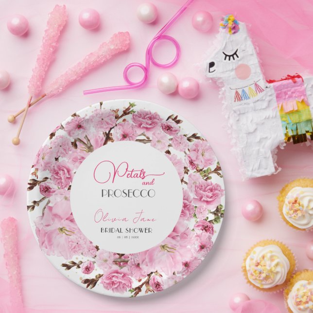 Assiettes En Carton Pétales et Prosecco Aquarelle Pinkwhite Arch Flora (Fête)