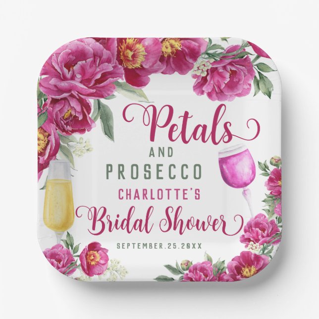 Assiettes En Carton Pétales et Prosecco Fête des mariées florale rose  (Recto)