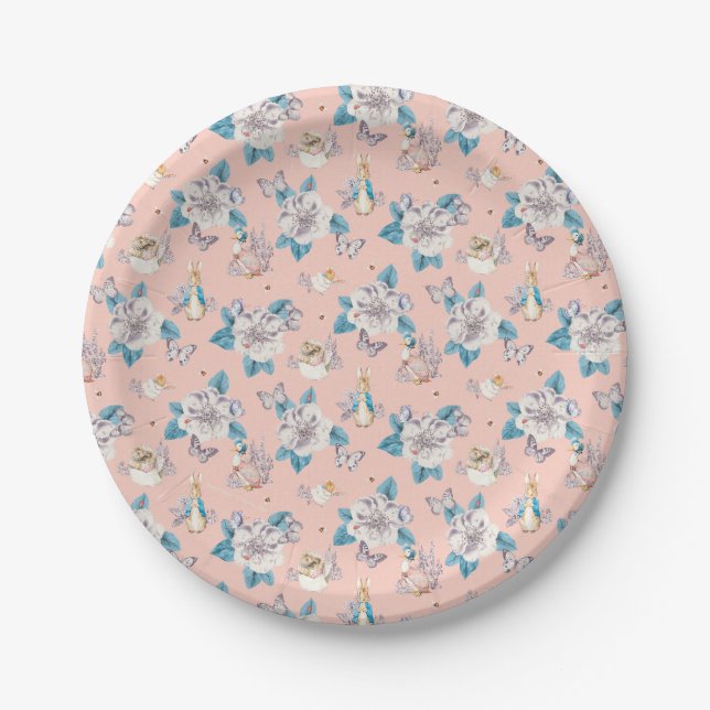 Assiettes En Carton Peter Rabbit | Motif de jardin fleuri rose (Devant)