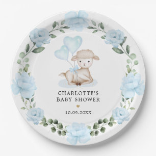Assiettes En Carton Petit agneau bleu Baby shower de verdure fleurie