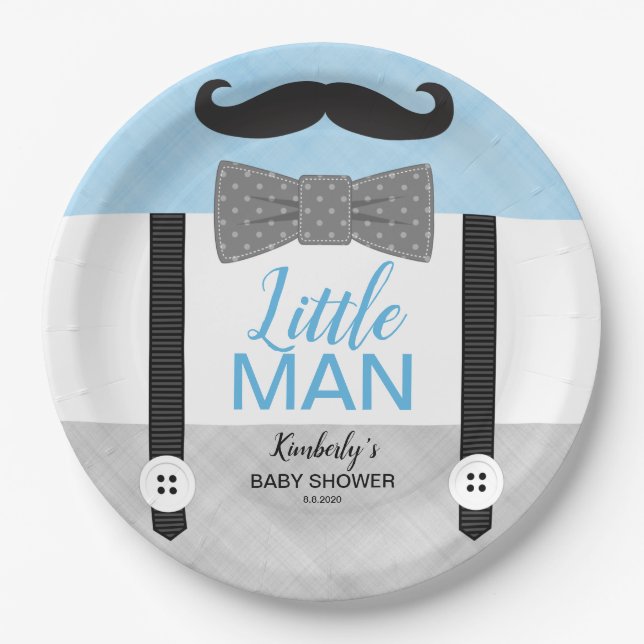 Assiettes En Carton Petit baby shower bébé bleu gris petit homme thème (Devant)