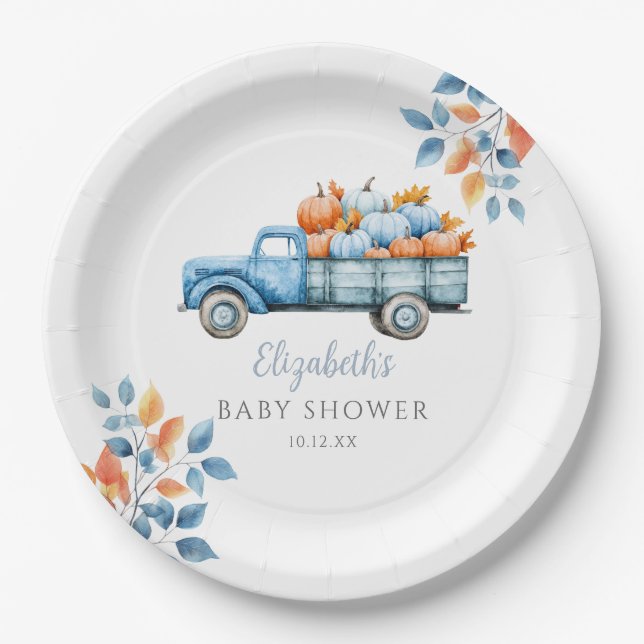 Assiettes En Carton Petit Baby shower bleu Citrouille arrière-plan pho (Devant)