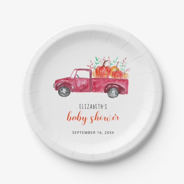 Assiettes En Carton Petit Baby shower Citrouille Camion Rouge Chute mi (Devant)