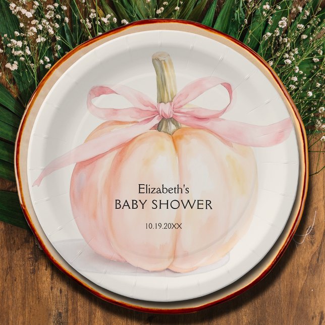 Assiettes En Carton Petit Baby shower Citrouille de Bow rose (Pink bow little pumpkin girl baby shower paper plates)