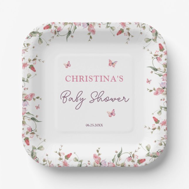 Assiettes En Carton Petit Baby shower d'aquarelle papillon (Recto)
