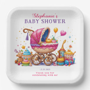 Assiettes En Carton Petit Baby shower de poussette rose Cupcake