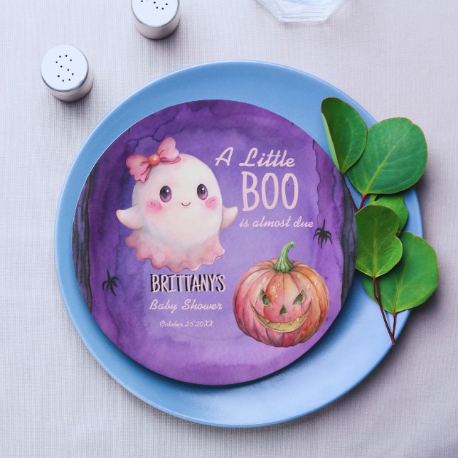 Assiettes En Carton Petit baby shower fantôme rose rose (Little boo pink cute ghost jack o lantern purple Halloween baby shower customized paper plates)