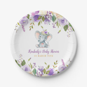 Assiettes En Carton Petit baby shower fleuri violet d'éléphant