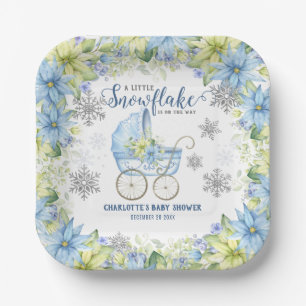 Assiettes En Carton Petit Baby shower Floral Hiver Flore Bleu