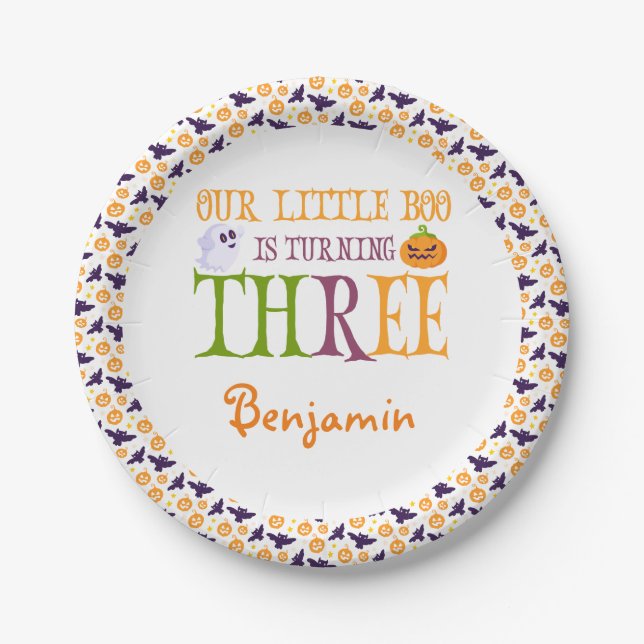 Assiettes En Carton Petit Boo à trois Halloween 3e anniversaire (Devant)