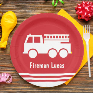 Assiettes En Carton Petit Camion-feu Garçon avec nom Rouge et blanc