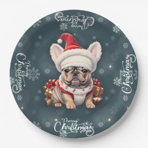 Assiettes En Carton Petit Chien à taureaux français Santa Hat Joyeux N