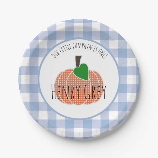 Assiettes En Carton Petit Citrouille Bleu Plaid 1er anniversaire (Devant)