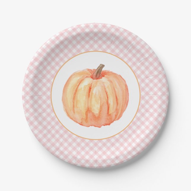 Assiettes En Carton Petit Citrouille rose pastel plaid premier anniver (Devant)