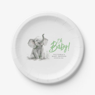 Assiettes En Carton Petit Eléphant Baby shower gris vert mignon