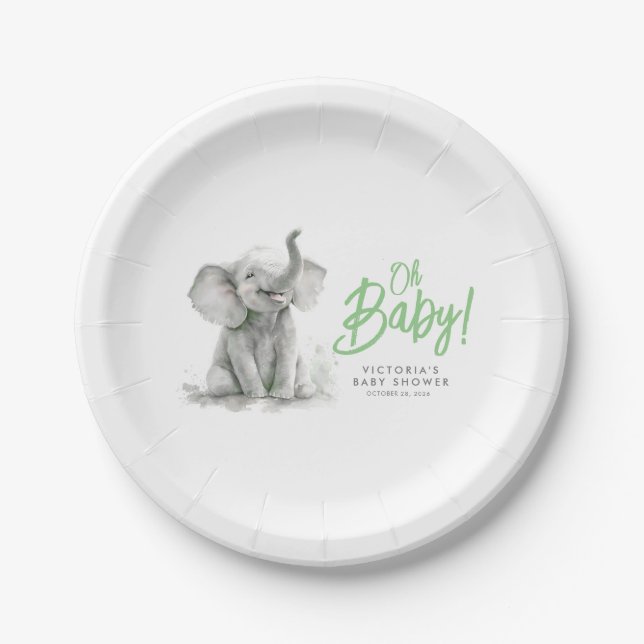 Assiettes En Carton Petit Eléphant Baby shower gris vert mignon (Devant)