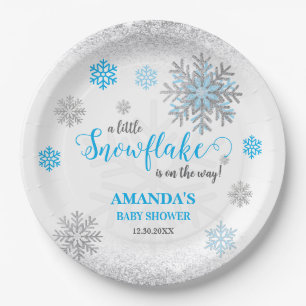 Assiettes En Carton Petit flocon de neige Fête de bébé Bleu Argent Pai