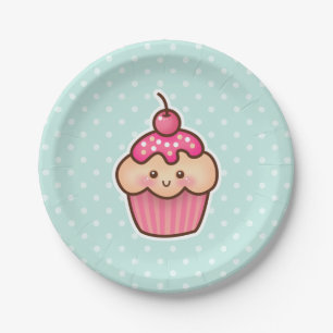 Assiettes En Carton Petit gâteau rose de Kawaii et pois bleu en bon