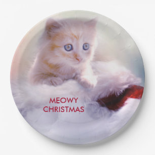 Assiettes En Carton Petit Kitten reposant sur un chapeau de Noël Meowy