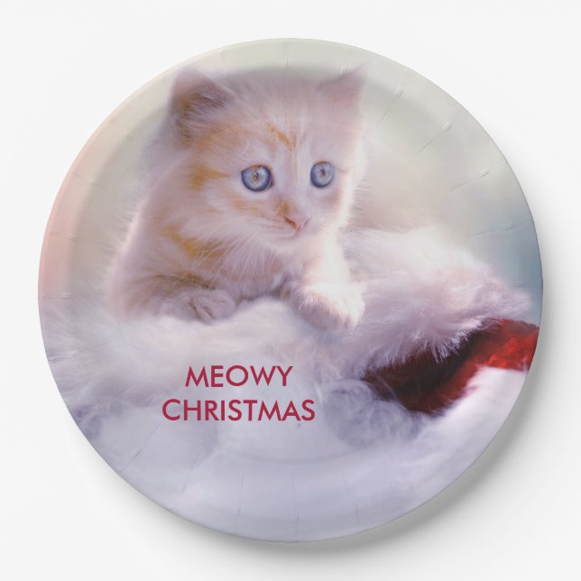 Assiettes En Carton Petit Kitten reposant sur un chapeau de Noël Meowy (Devant)