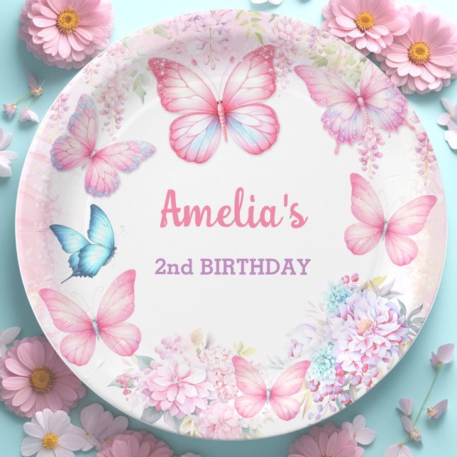 Assiettes En Carton Petit Papillon rose violet Fille d'été Anniversair (Little Butterfly Pink Purple Summer Girl Birthday Paper Plates)