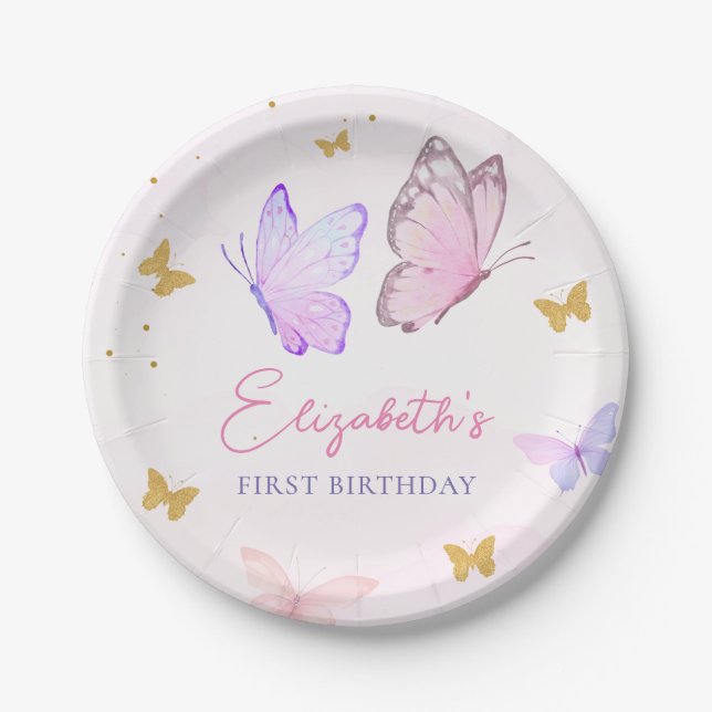 Assiettes En Carton Petit Papillon rose violet or fille Anniversaire (Devant)