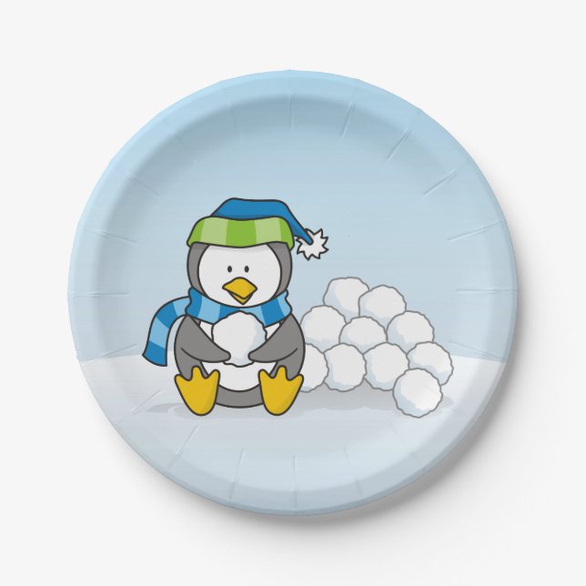 Assiettes En Carton Petit pingouin assis avec des boules de neige (Devant)