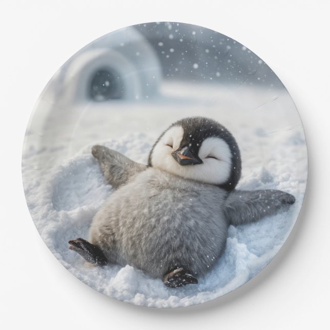 Assiettes En Carton Petit pingouin de Noël faisant un ange de neige (Devant)