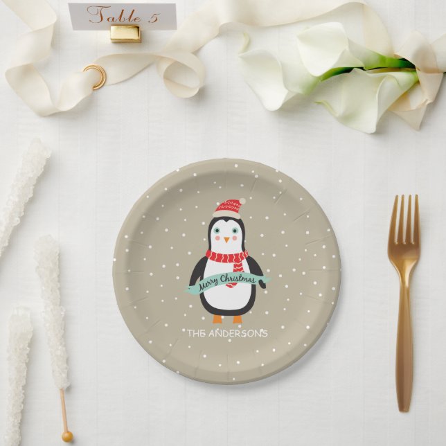 Assiettes En Carton Petit pingouin mignon "Joyeux Noël " de Noël (Mariage)
