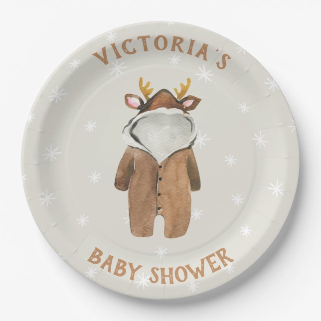 Assiettes En Carton Petit Reindeer Baby shower d'hiver de Noël (Devant)