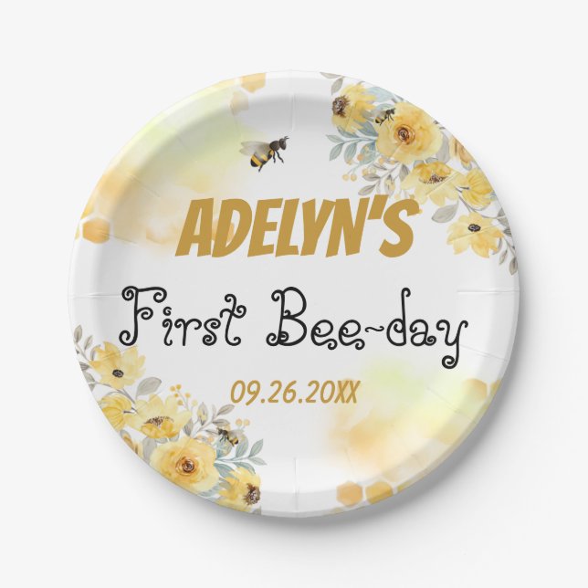 Assiettes En Carton Petite Aquarelle Florale de Miel Abeille 1er Anniv (Devant)