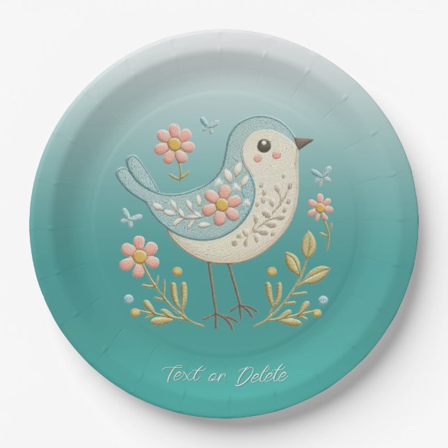 Assiettes En Carton Petite broderie florale d'oiseaux Plaque de papier (Devant)