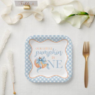 Assiettes En Carton Petite citrouille ruban bleu pastel carreau 1er an