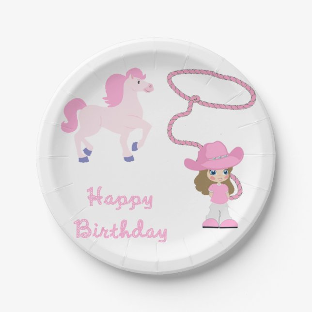 Assiettes En Carton Petite Femme Occidentale Avec Cheval Joyeux Annive (Devant)