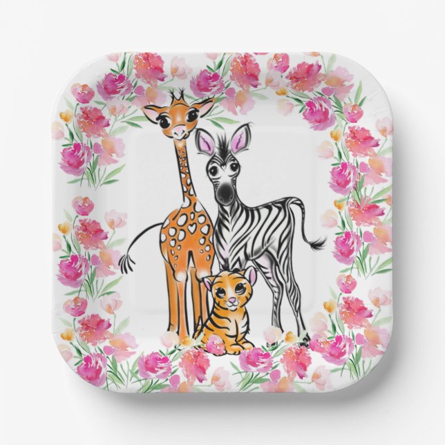 Assiettes En Carton Petite fille amis Safari, girafe, zèbre, tigre (Recto)