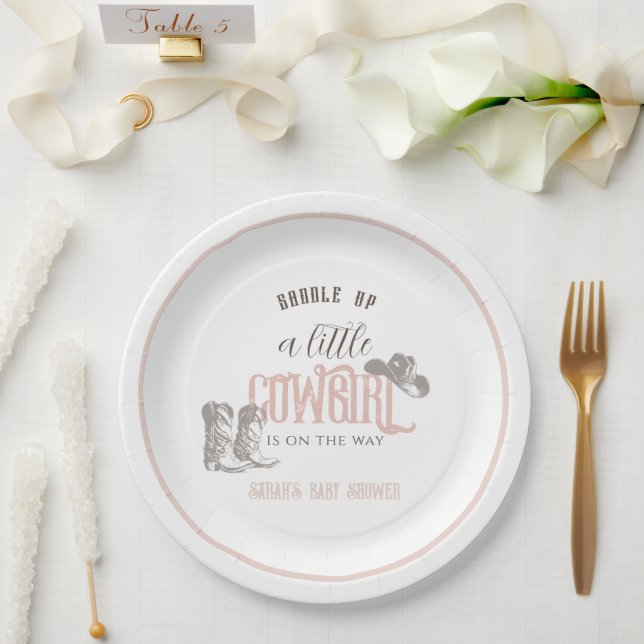 Assiettes En Carton Petite fille Baby shower Western rose fille (Mariage)
