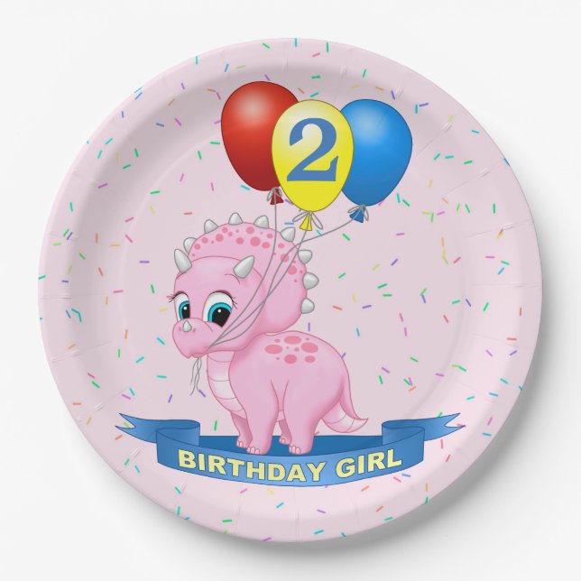Assiettes En Carton Petite fille d'anniversaire Pink Triceratops Dino (Devant)
