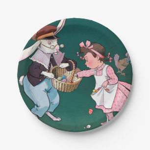 Assiettes En Carton Petite fille lapin lapin vintage Oeuf de Pâques