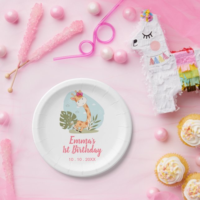 Assiettes En Carton Petite Giraffe (Fille Safari animal) Anniversaire (Fête)