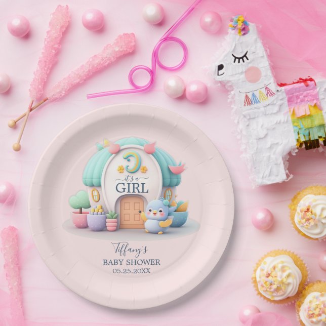 Assiettes En Carton Petite maison avec dragon Baby shower fille (Fête)