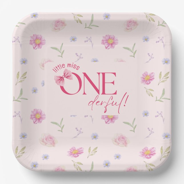 Assiettes En Carton Petite miss fleurie Pink Bow Onederful 1er anniver (Recto)