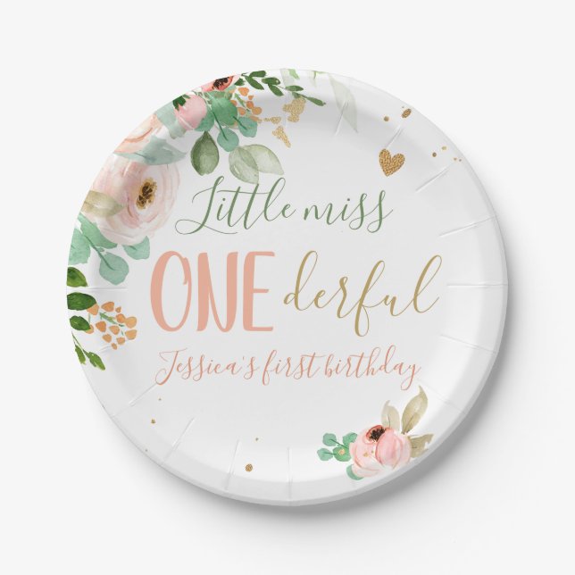 Assiettes En Carton Petite Miss Onederful Anniversaire Fleurs Roses Fi (Devant)