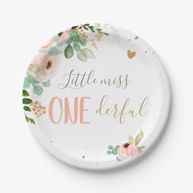 Assiettes En Carton Petite Miss Onederful Anniversaire Fleurs Roses Fi (Devant)