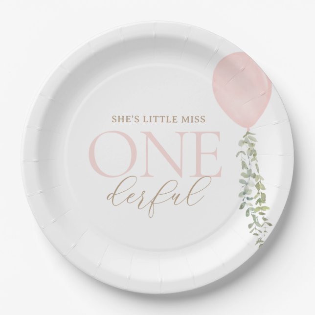 Assiettes En Carton Petite Miss Onederful Balloon rose Anniversaire (Devant)