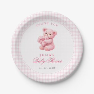 Assiettes En Carton Petite Ourson Rose à Carreaux Baby Shower